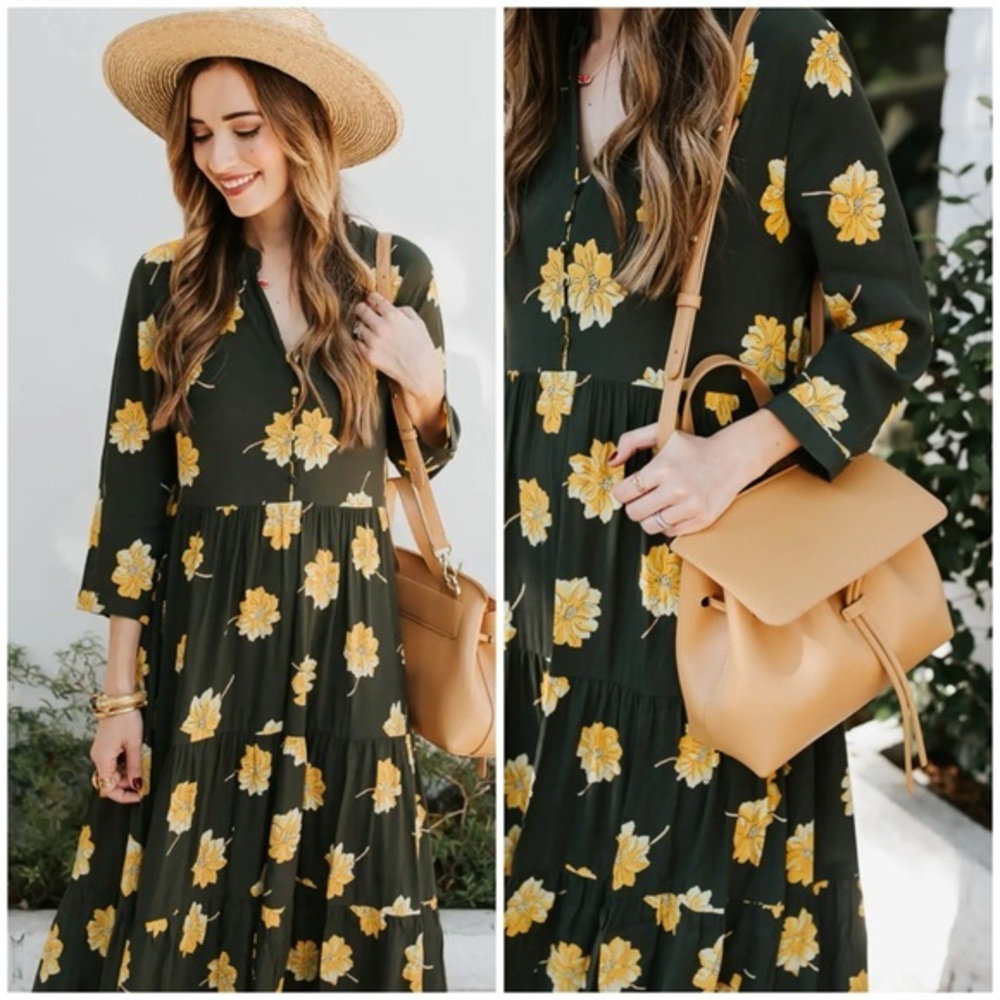 💋Madewell Dark Green Dress with Yellow Floral Print